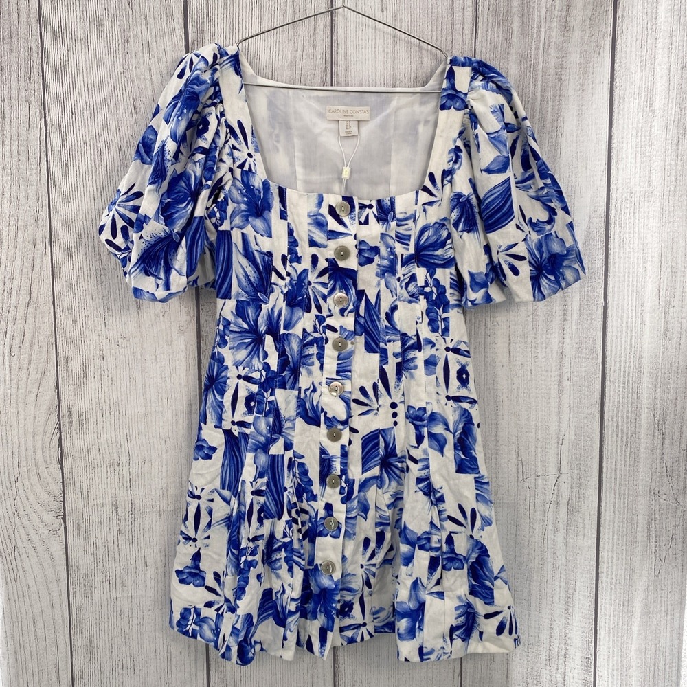 Caroline Constas Dress Womens 2 White Blue Floral Linen Blend Short Mini Summer